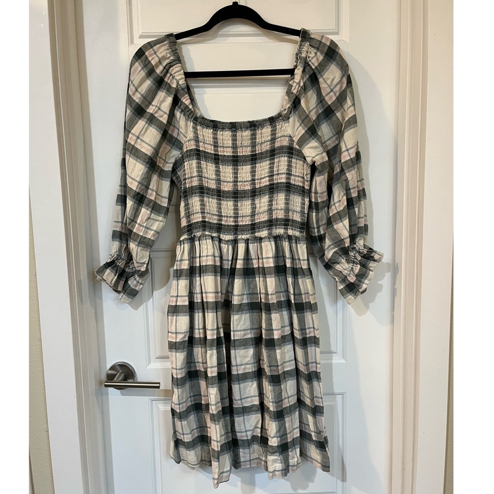 NWT Madewell Lucie Elbow-Sleeve Smocked Mini Dress in Lebaum Plaid